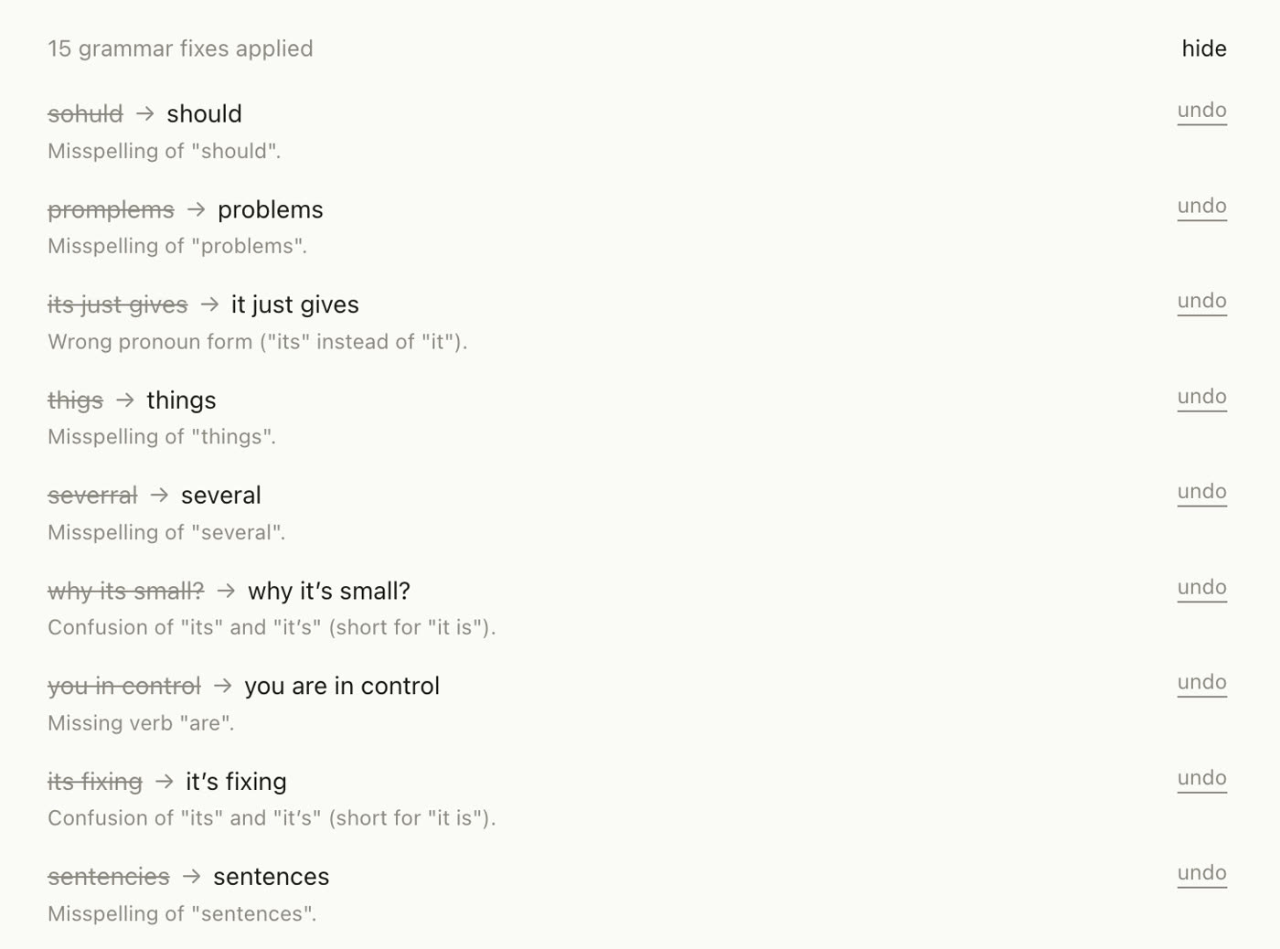 a list of applied grammar fixes, each with an undo link